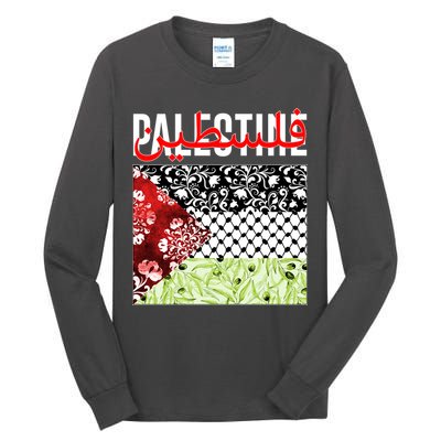 Support Palestine Flag Traditional Keffiyeh Floral Patterns Tall Long Sleeve T-Shirt