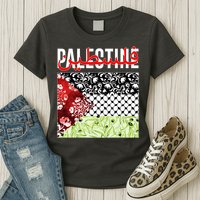 Support Palestine Flag Traditional Keffiyeh Floral Patterns Womens T-Shirt