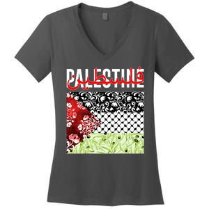 Support Palestine Flag Traditional Keffiyeh Floral Patterns Women's V-Neck T-Shirt