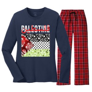 Support Palestine Flag Traditional Keffiyeh Floral Patterns Women's Long Sleeve Flannel Pajama Set 