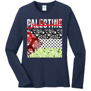 Support Palestine Flag Traditional Keffiyeh Floral Patterns Ladies Long Sleeve Shirt