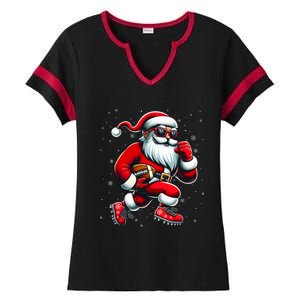 Santa Playing Football Christmas Football Players Ladies Halftime Notch Neck Tee