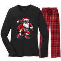 Santa Playing Football Christmas Football Players Women's Long Sleeve Flannel Pajama Set 