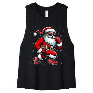 Santa Playing Football Christmas Football Players Women's Racerback Cropped Tank