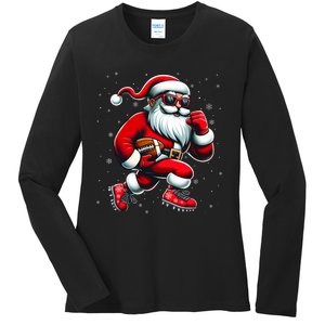 Santa Playing Football Christmas Football Players Ladies Long Sleeve Shirt