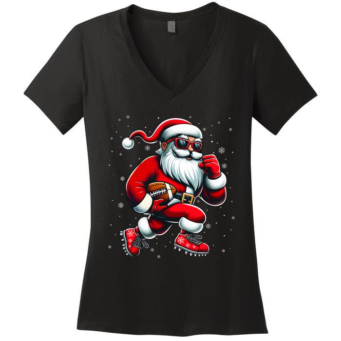 Santa Playing Football Christmas Football Players Women's V-Neck T-Shirt