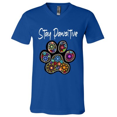 Stay Pawsitive Funny Dotted Paw Print Meaningful Gift V-Neck T-Shirt