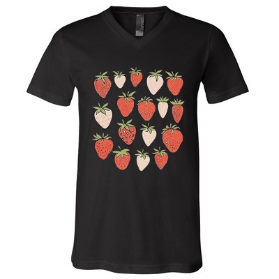 Strawberry Pattern Fruitarian Berry Strawberries Fruit Lover V-Neck T-Shirt