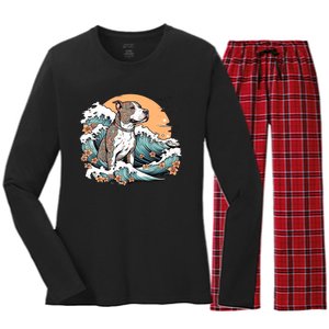 Summer Pitbull Funny Pitbull Mom Dog Mama Beach Vibes Dog Wave Summer Women's Long Sleeve Flannel Pajama Set 