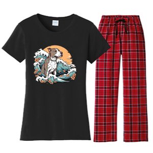 Summer Pitbull Funny Pitbull Mom Dog Mama Beach Vibes Dog Wave Summer Women's Flannel Pajama Set