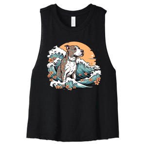 Summer Pitbull Funny Pitbull Mom Dog Mama Beach Vibes Dog Wave Summer Women's Racerback Cropped Tank