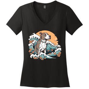 Summer Pitbull Funny Pitbull Mom Dog Mama Beach Vibes Dog Wave Summer Women's V-Neck T-Shirt