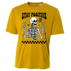 Stay Positive Funny Halloween Skeleton Peace Spooky Season Funny Gift Cooling Performance Crew T-Shirt