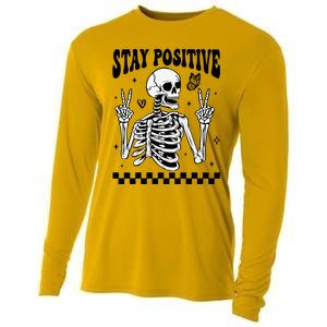 Stay Positive Funny Halloween Skeleton Peace Spooky Season Funny Gift Cooling Performance Long Sleeve Crew