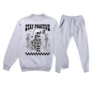 Stay Positive Funny Halloween Skeleton Peace Spooky Season Funny Gift Premium Crewneck Sweatsuit Set