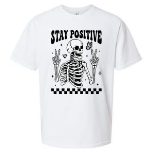 Stay Positive Funny Halloween Skeleton Peace Spooky Season Funny Gift Sueded Cloud Jersey T-Shirt