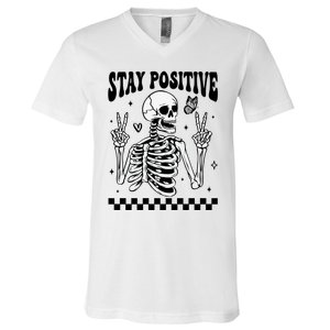 Stay Positive Funny Halloween Skeleton Peace Spooky Season Funny Gift V-Neck T-Shirt