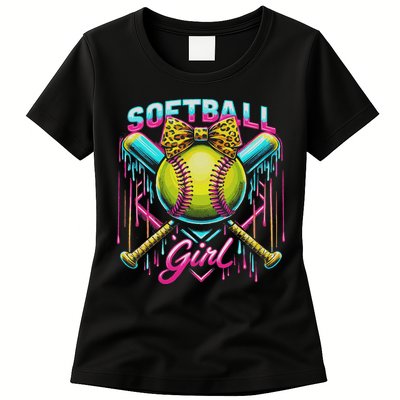 Softball Player Girl Ice Cream Softball Drip Womens T-Shirt