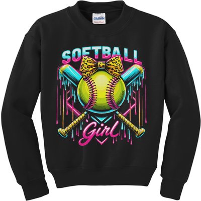 Softball Player Girl Ice Cream Softball Drip Kids Sweatshirt