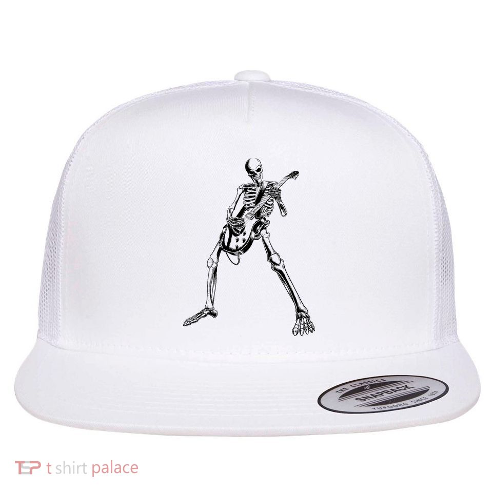 Skeleton Playing Guitar Flat Bill Trucker Hat