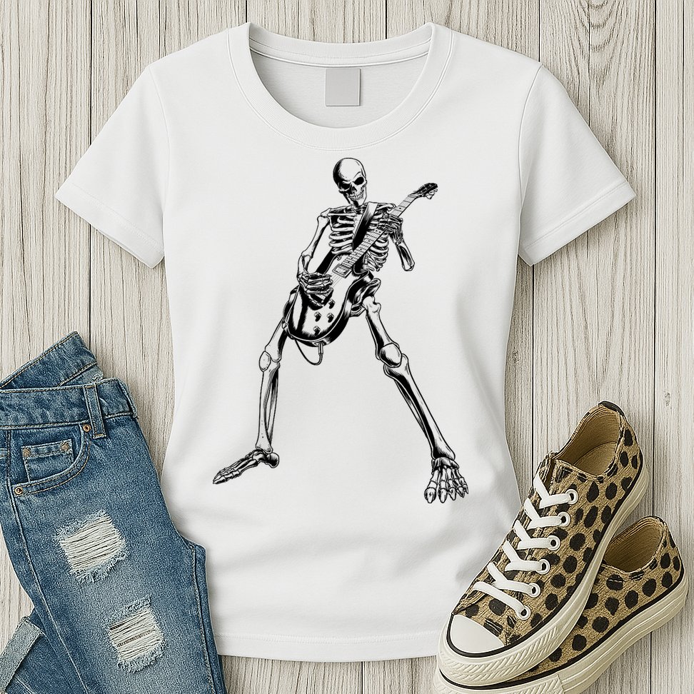 Skeleton Playing Guitar Womens T-Shirt