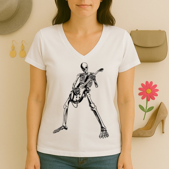 Skeleton Playing Guitar Women's V-Neck T-Shirt