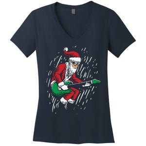 Santa Playing Guitar Christmas Pajama Musician Guitarist Women's V-Neck T-Shirt