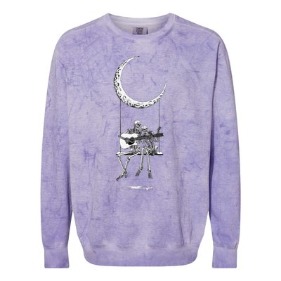 Skeleton Playing Guitar Graphic Band Tees Rock And Roll Moon Colorblast Crewneck Sweatshirt