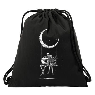 Skeleton Playing Guitar Graphic Band Tees Rock And Roll Moon Drawstring Bag