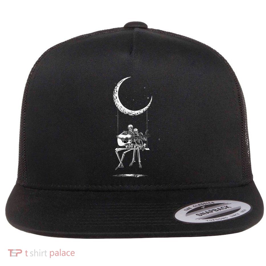 Skeleton Playing Guitar Graphic Band Tees Rock And Roll Moon Flatbill Hat