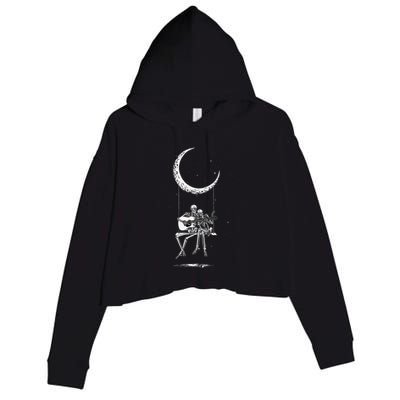 Skeleton Playing Guitar Graphic Band Tees Rock And Roll Moon Crop Fleece Hoodie