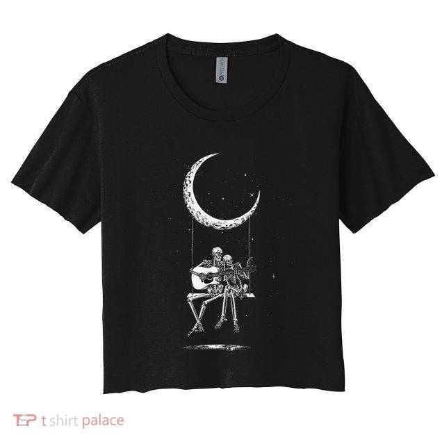 Skeleton Playing Guitar Graphic Band Tees Rock And Roll Moon Crop Top