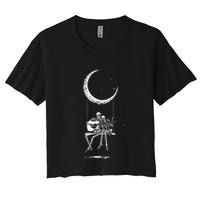 Skeleton Playing Guitar Graphic Band Tees Rock And Roll Moon Women's Crop Top Tee