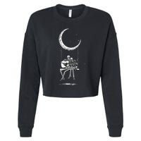 Skeleton Playing Guitar Graphic Band Tees Rock And Roll Moon Cropped Pullover Crew