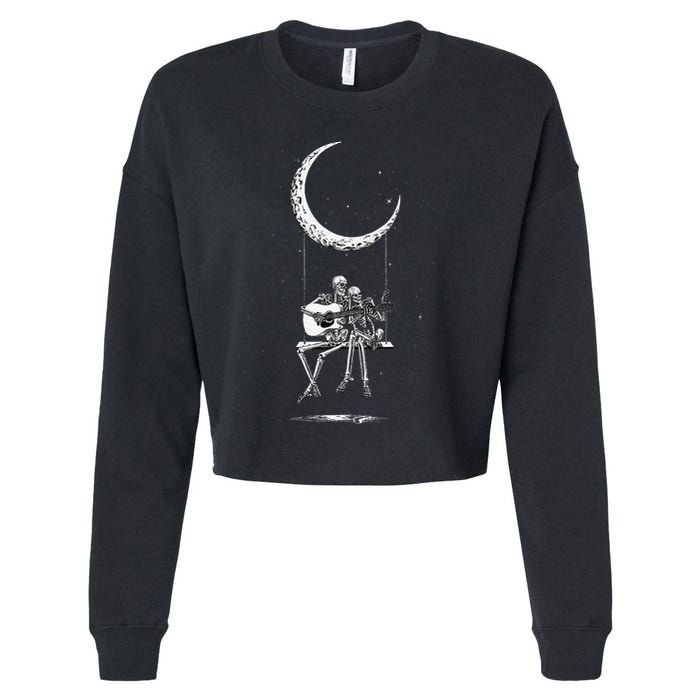 Skeleton Playing Guitar Graphic Band Tees Rock And Roll Moon Cropped Pullover Crew