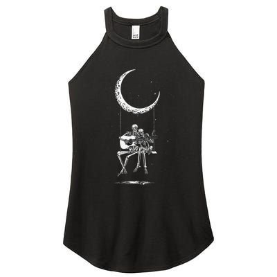 Skeleton Playing Guitar Graphic Band Tees Rock And Roll Moon Women's Perfect Tri Rocker Tank