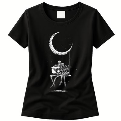 Skeleton Playing Guitar Graphic Band Tees Rock And Roll Moon Womens T-Shirt