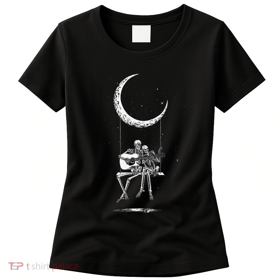 Skeleton Playing Guitar Graphic Band Tees Rock And Roll Moon Womens T-Shirt