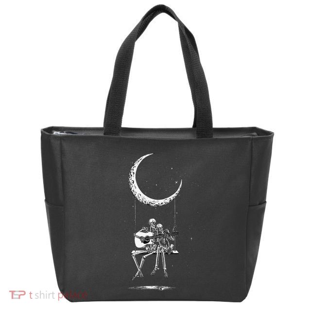 Skeleton Playing Guitar Graphic Band Tees Rock And Roll Moon Zip Tote Bag