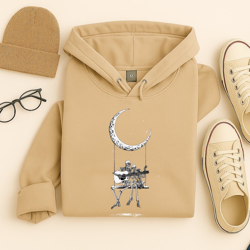 Skeleton Playing Guitar Graphic Band Tees Rock And Roll Moon Hoodie