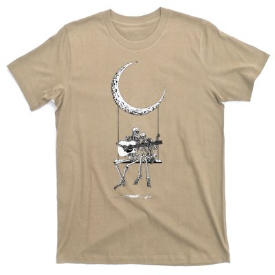 Skeleton Playing Guitar Graphic Band Tees Rock And Roll Moon T-Shirt