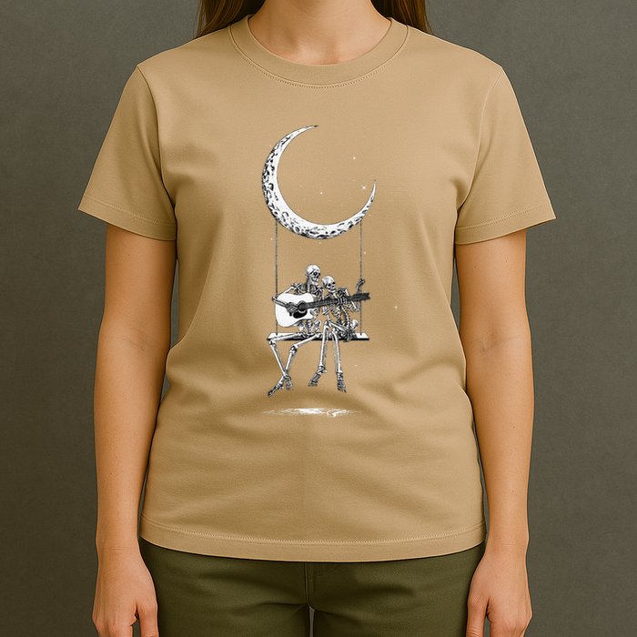 Skeleton Playing Guitar Graphic Band Tees Rock And Roll Moon T-Shirt