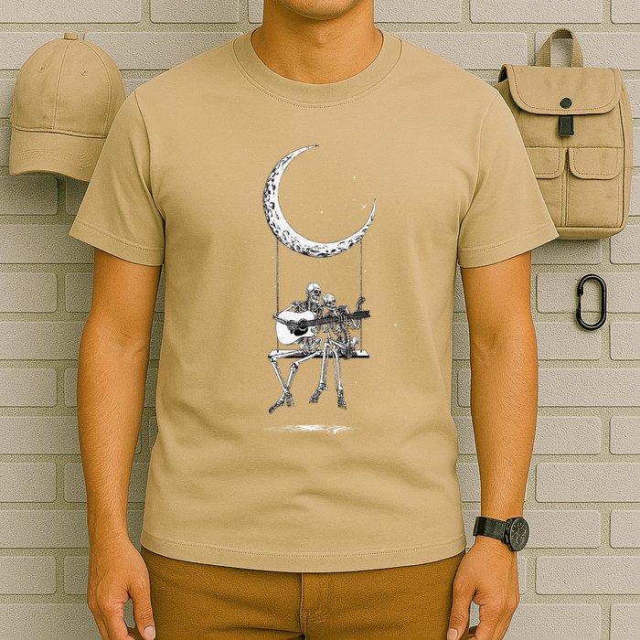 Skeleton Playing Guitar Graphic Band Tees Rock And Roll Moon T-Shirt