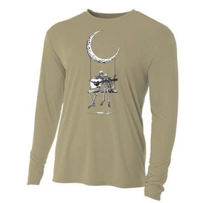 Skeleton Playing Guitar Graphic Band Tees Rock And Roll Moon Cooling Performance Long Sleeve Crew