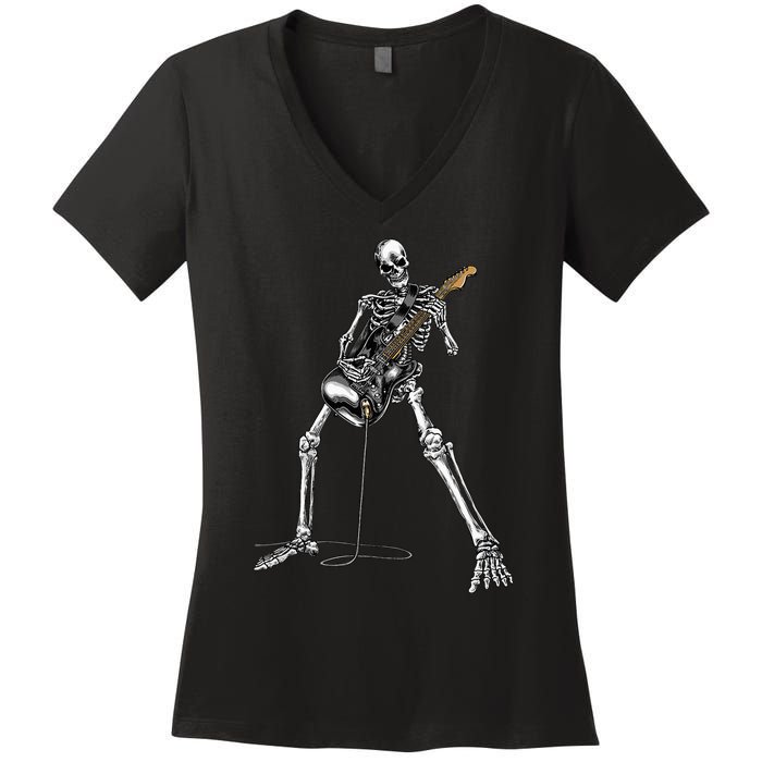 Skeleton Playing Guitar Rock And Roll Women's V-Neck T-Shirt