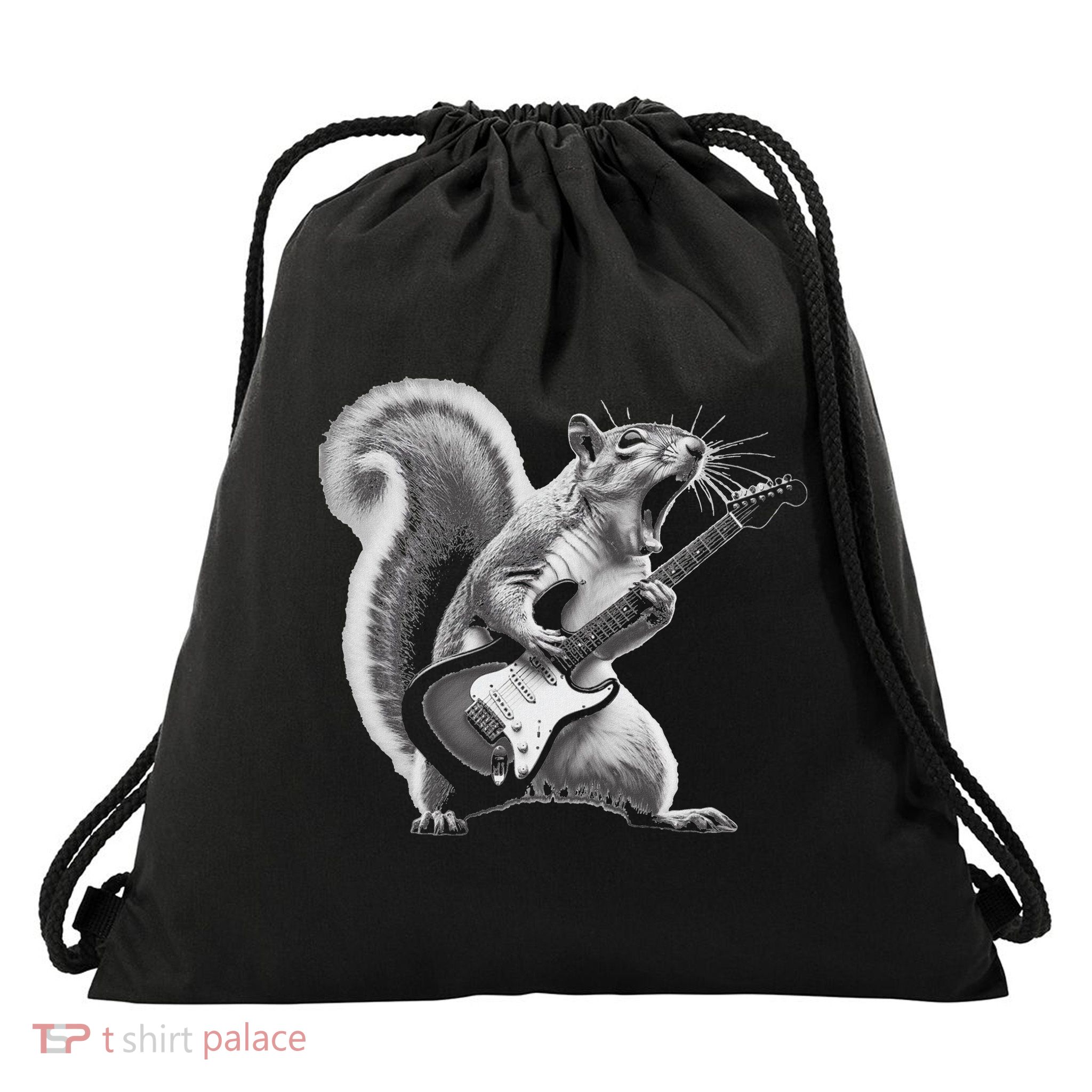 Squirrel Playing Guitar Rock And Roll Drawstring Bag