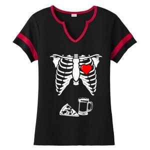 Skeleton Pregnancy Gift Pizza Beer Xray Halloween Soon Dad Gift Ladies Halftime Notch Neck Tee