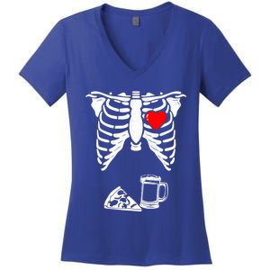 Skeleton Pregnancy Gift Pizza Beer Xray Halloween Soon Dad Gift Women's V-Neck T-Shirt