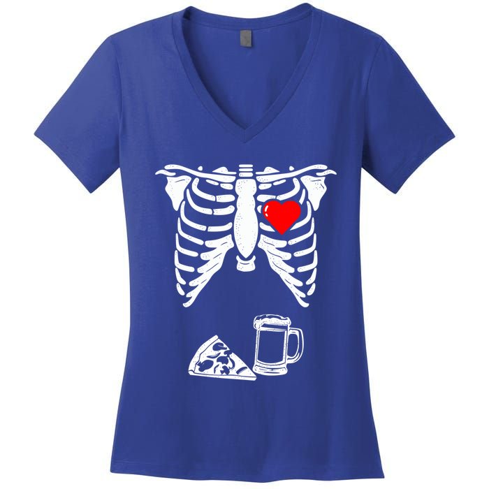 Skeleton Pregnancy Gift Pizza Beer Xray Halloween Soon Dad Gift Women's V-Neck T-Shirt