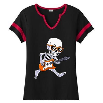 Skeleton Playing Guitar Rock Roll Kids Halloween Ladies Halftime Notch Neck Tee